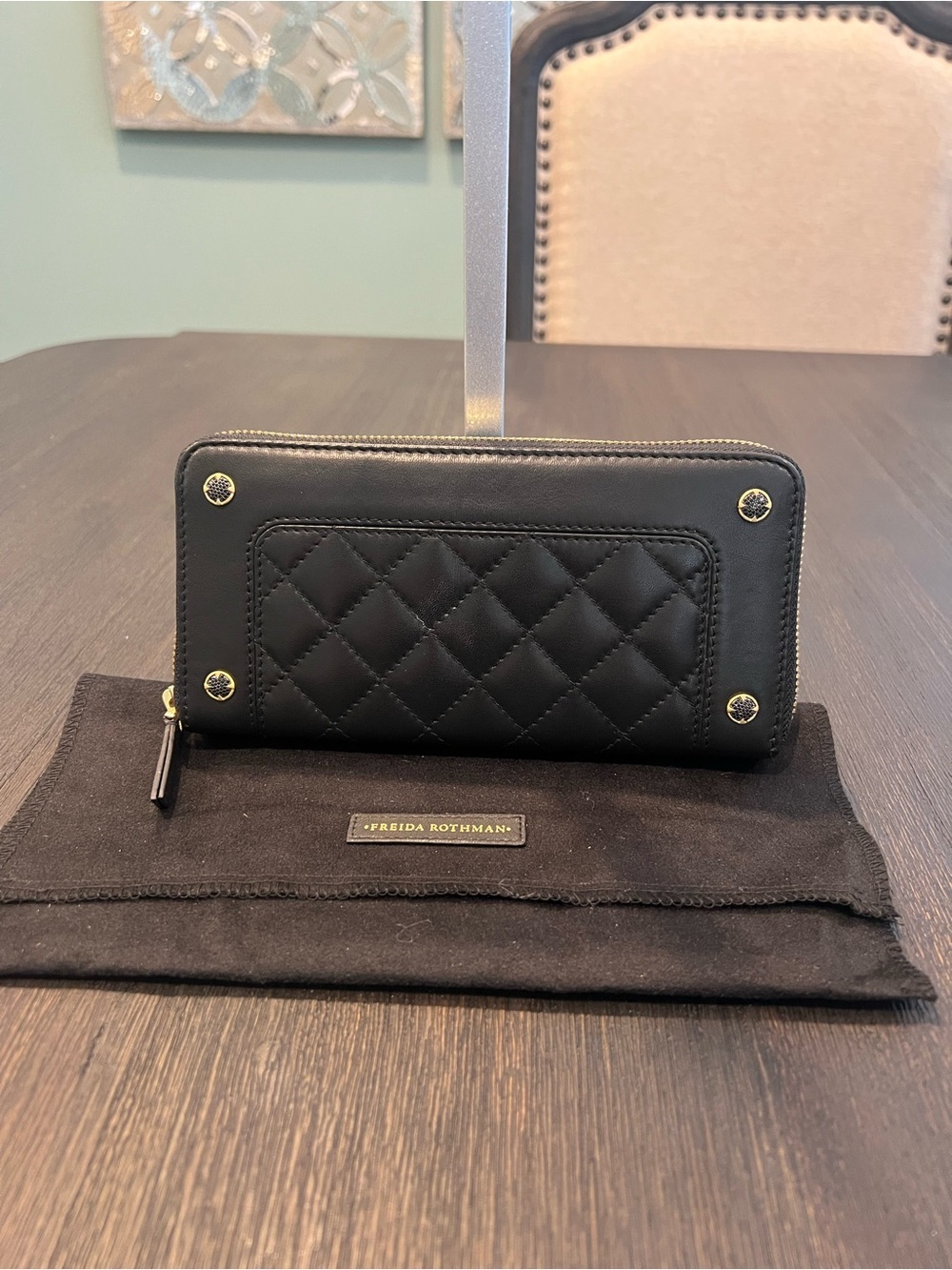 Freida Rothman Leather Quilted Black Zip Wallet